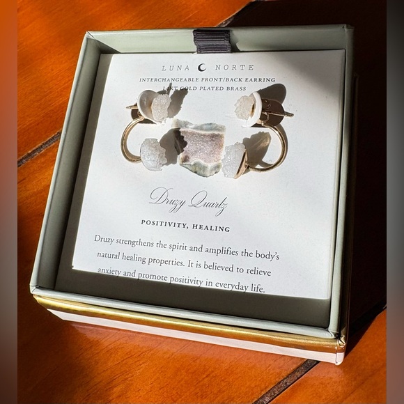 NWT Luna Norte 14K Gold Plated Druzy Quartz Drop Earring Set - Comes w/ Box - Picture 2 of 4